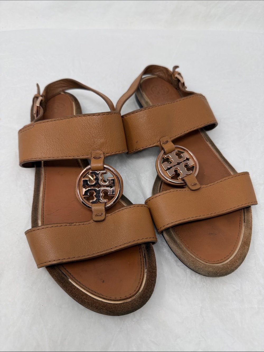 Tory Burch Metal Miller Two Band Sandals Tan Gold Size 7.5
